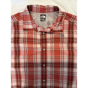 The North Face Men's Short Sleeve Button Down Orange Plaid Shirt Size Large EUC